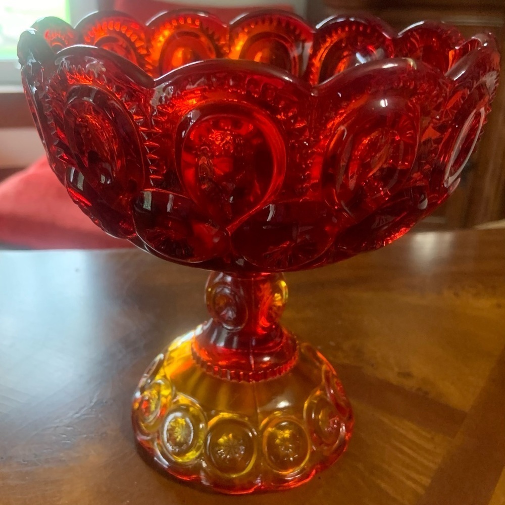 Vintage Mid Century Modern Moon & Stars Red Amberina Glass Round Pedestal Bowl - Picture 6 of 11